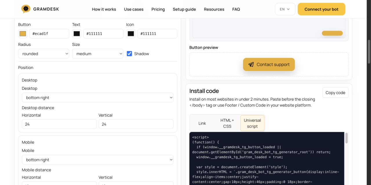 Actual Telegram button generator screen: position, button preview and Copy code. Use the full-size image to inspect the controls.